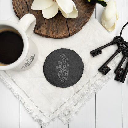 Anatomical heart laser engraved slate coaster, floral anatomical organs coaster set, transplant awareness