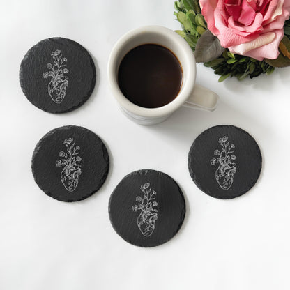 Anatomical heart laser engraved slate coaster, floral anatomical organs coaster set, kidney, liver, lungs, transplant awareness