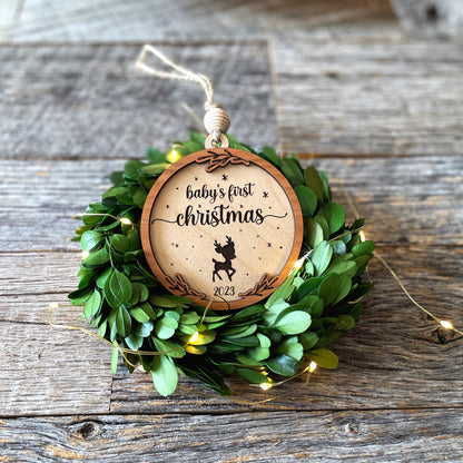 Laser cut file Baby's first Christmas ornament with reindeer, Instant download, Glowforge ready