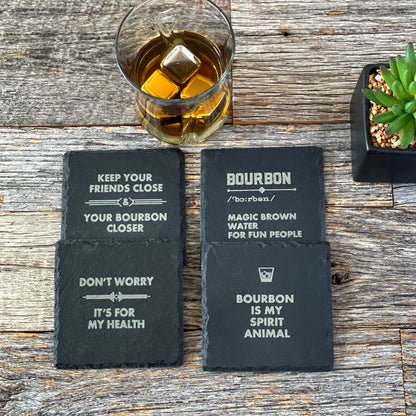 Laser engraved funny Bourbon slate coaster set