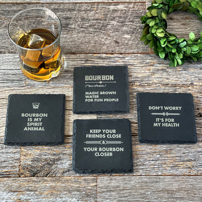 Laser engraved funny Bourbon slate coaster set