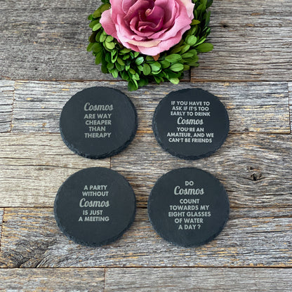 Laser engraved funny Cosmopolitan cocktail slate coaster set