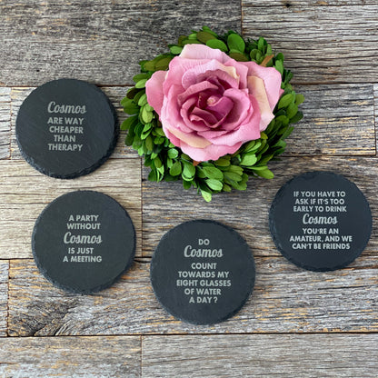 Laser engraved funny Cosmopolitan cocktail slate coaster set