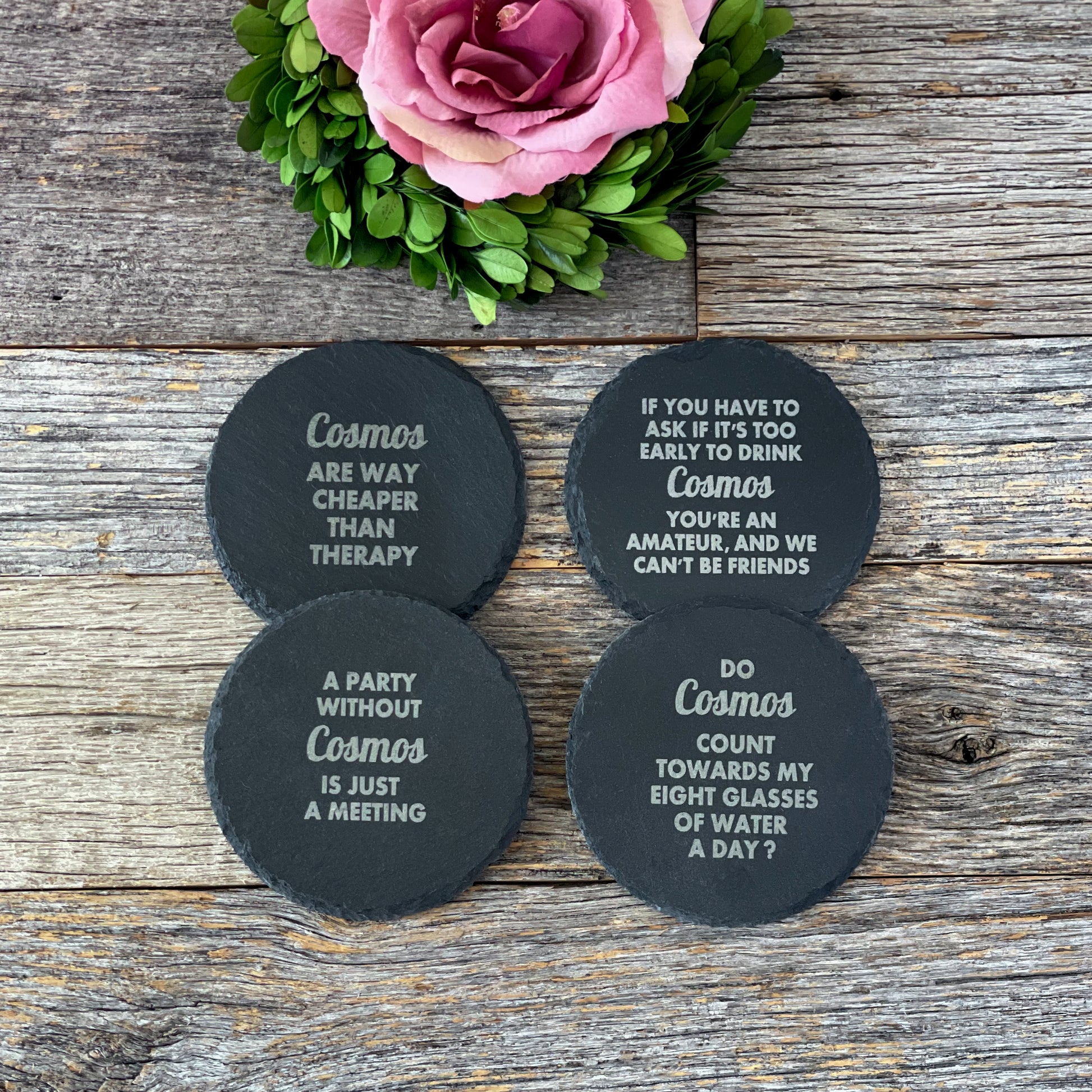 Laser engraved funny Cosmopolitan cocktail slate coaster set