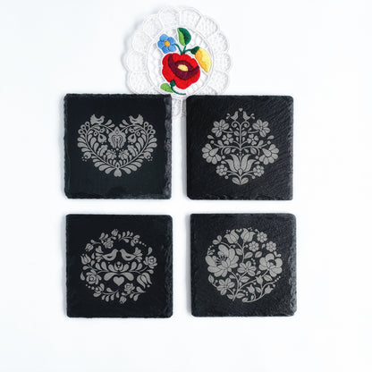 Laser engraved slate coaster set with beautiful Hungarian folk motifs