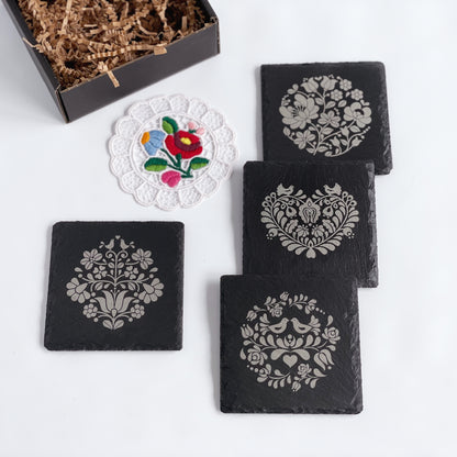 Laser engraved slate coaster set with beautiful Hungarian folk motifs