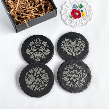 Laser engraved round slate coaster set with beautiful Hungarian folk motifs