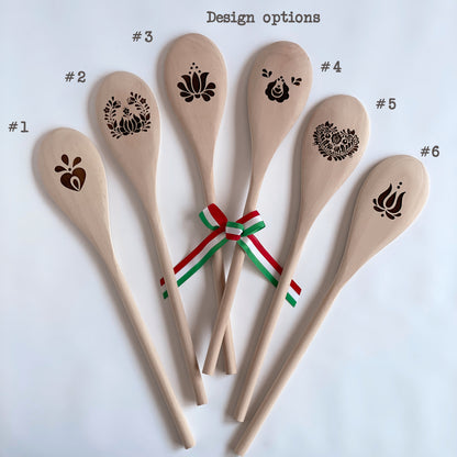 Laser engraved long-handle kitchen wooden spoon lovely Hungarian folk motif