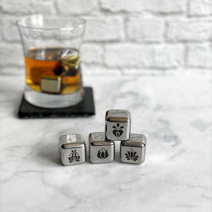 Laser engraved stainless steel whiskey stones with Hungarian folk motif, bourbon stones, barware