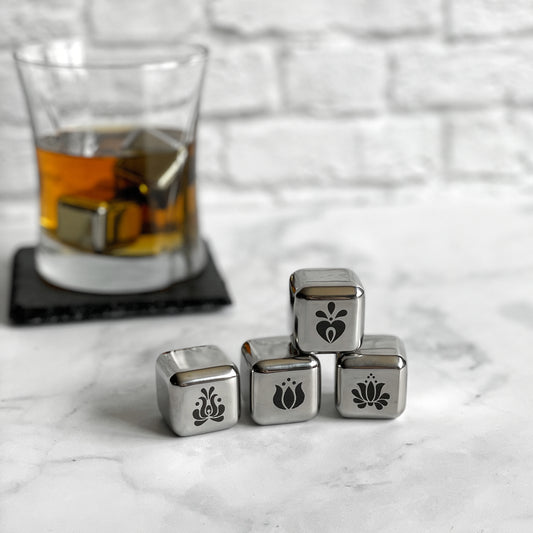 Laser engraved stainless steel whiskey stones with Hungarian folk motif, bourbon stones, barware