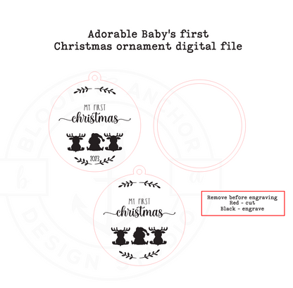 Laser cut file Baby's first Christmas ornament with Santa and reindeer, Instant download, Glowforge ready