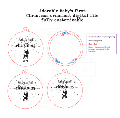 Laser cut file Baby's first Christmas ornament with reindeer, Instant download, Glowforge ready