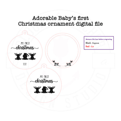 Laser cut file Baby's first Christmas ornament with Santa and reindeer, Instant download, Glowforge ready