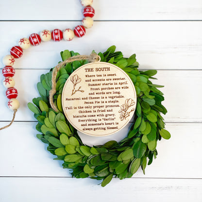 Engraved wood ornament, Southern Christmas ornament, gift from the South