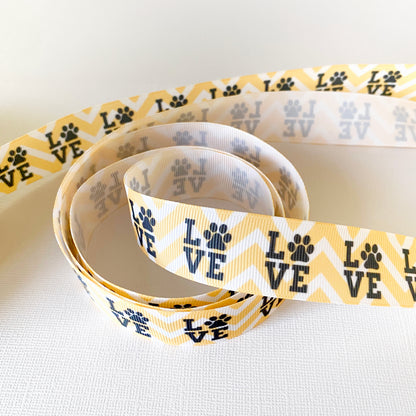 LOVE paw print ribbon by the yard, paw print grosgrain, dog parents, pet parents, pet love grosgrain ribbon