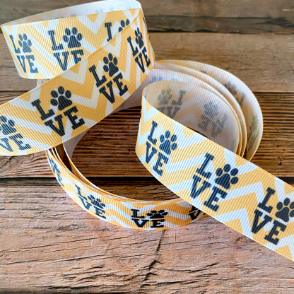 LOVE paw print ribbon by the yard, paw print grosgrain, dog parents, pet parents, pet love grosgrain ribbon