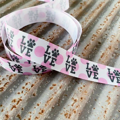 Love paw print ribbon by the yard, paw print grosgrain, dog parents, pet parents, pet love grosgrain ribbon