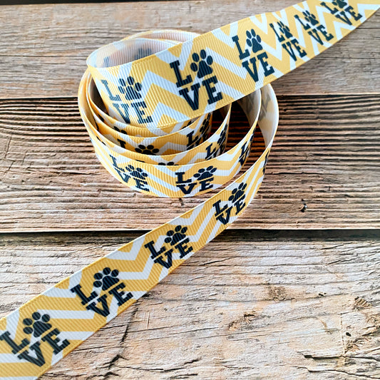 LOVE paw print ribbon by the yard, paw print grosgrain, dog parents, pet parents, pet love grosgrain ribbon