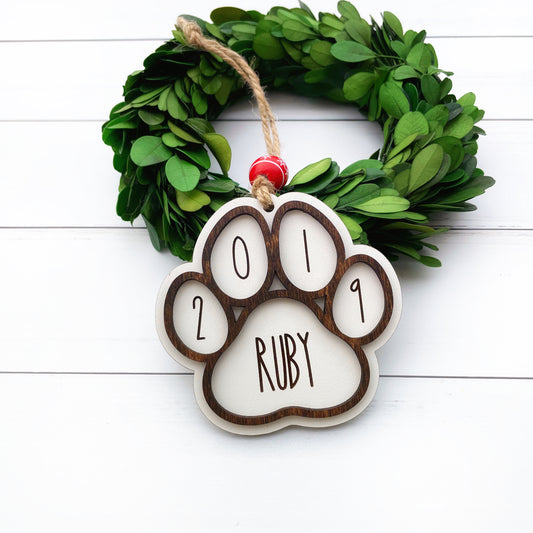 Farmhouse style custom engraved Pet ornament, paw print pet ornament, pet parents