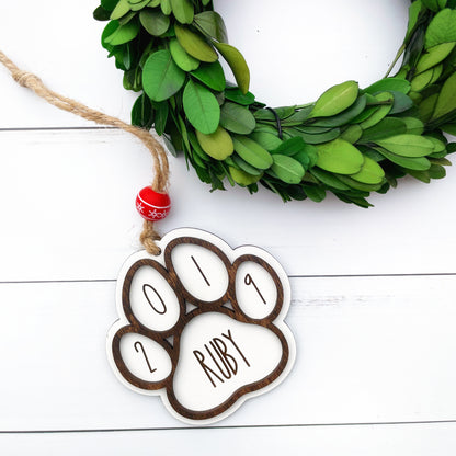 Farmhouse style custom engraved Pet ornament, paw print pet ornament, pet parents