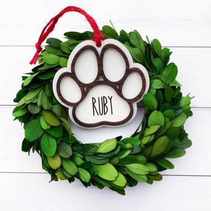 Farmhouse style custom engraved Pet ornament, paw print pet ornament, pet parents