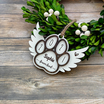 Farmhouse style Pet loss engraved custom ornament, angel wings pet memorial