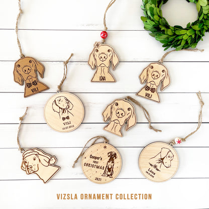 Vizsla ornaments for pet parents, engraved personalized baltic birch or cherry ply wood ornament