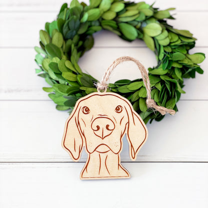 Gender Neutral Vizsla ornament for pet parents, engraved wood ornament