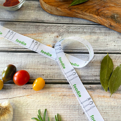 Foodie ribbon by the yard, foodie gift, foodie grosgrain, food lover, food enthusiast, cooks, chefs, bakers - Bloom And Anchor