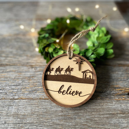 Engraved wood ornament, Nativity scene Christmas ornament