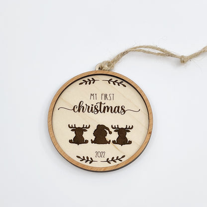 Baby's First Christmas featuring Santa and reindeer wood ornament, laser cut, Christmas ornament