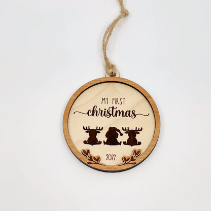 Laser cut file Baby's first Christmas ornament with Santa and reindeer, Instant download, Glowforge ready