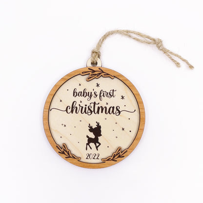 Baby's First Christmas with reindeer wood ornament, laser cut, personalized, Christmas ornament