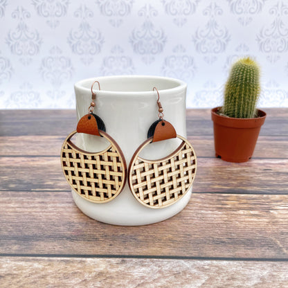 Laser cut basket weave wood earrings