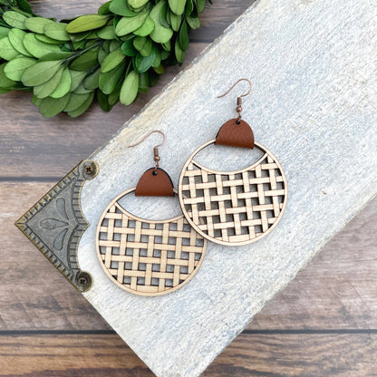 Laser cut basket weave wood earrings