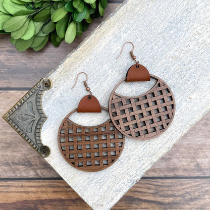 Laser cut basket weave Walnut ply earrings