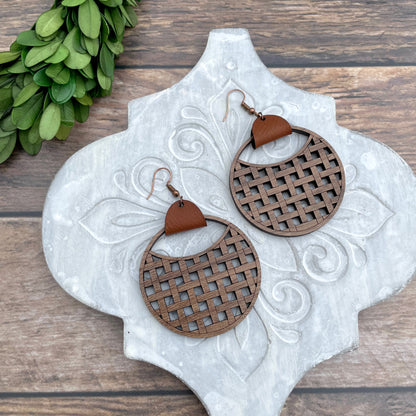 Laser cut basket weave Walnut ply earrings