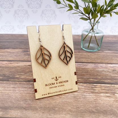 Laser cut wood leaf earrings