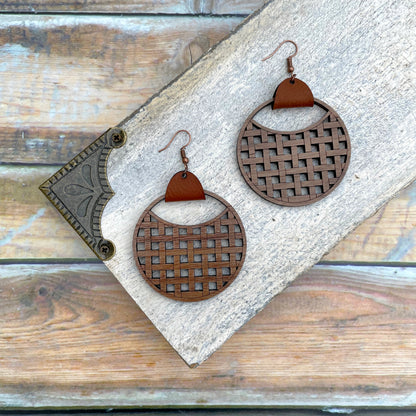 Laser cut basket weave Walnut ply earrings