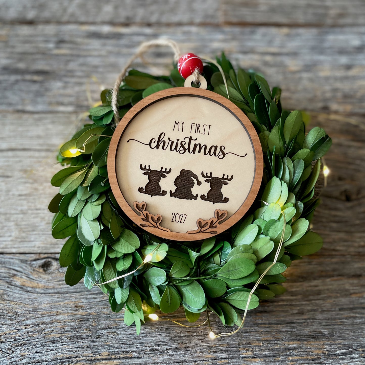 Baby's First Christmas featuring Santa and reindeer wood ornament, laser cut, Christmas ornament