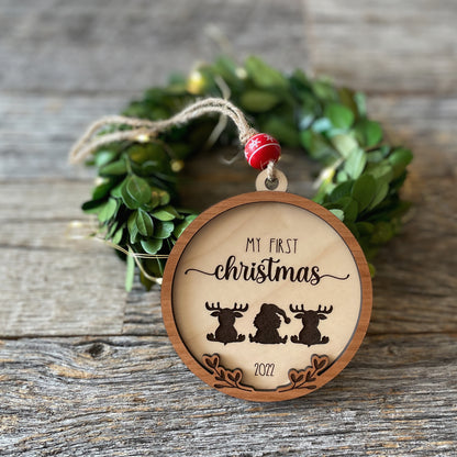 Laser cut file Baby's first Christmas ornament with Santa and reindeer, Instant download, Glowforge ready