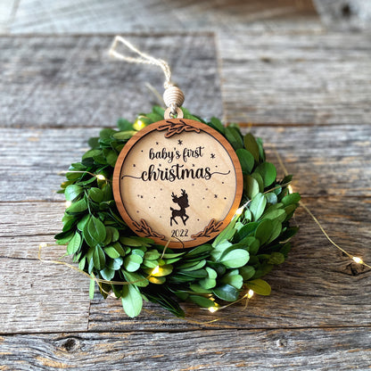 Baby's First Christmas with reindeer wood ornament, laser cut, personalized, Christmas ornament