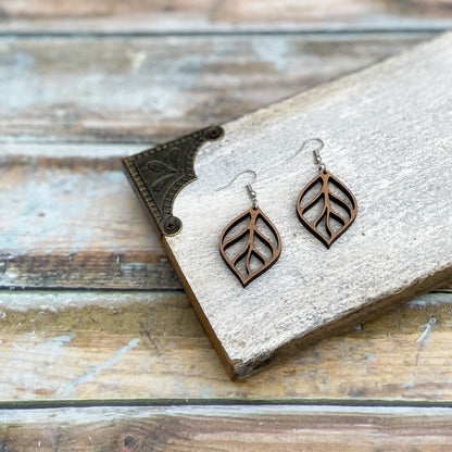 Laser cut wood leaf earrings