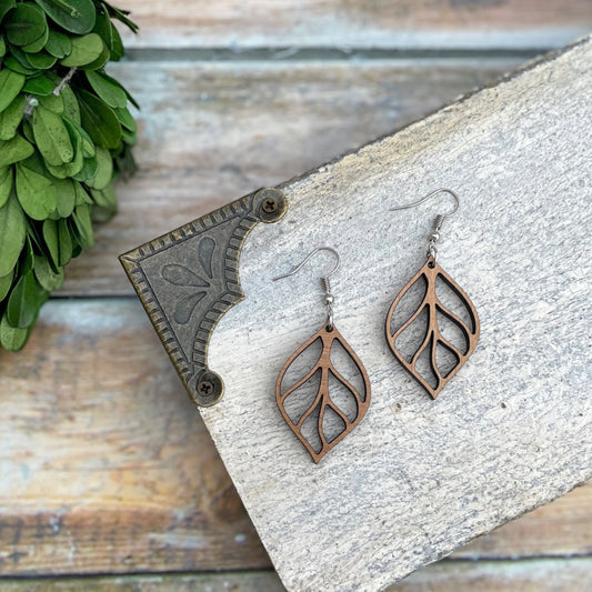 Laser cut wood leaf earrings