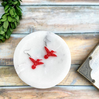 Laser cut frosted cherry acrylic Hummingbird earrings