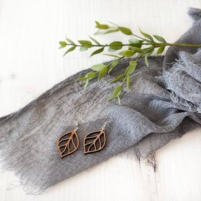 Laser cut wood leaf earrings