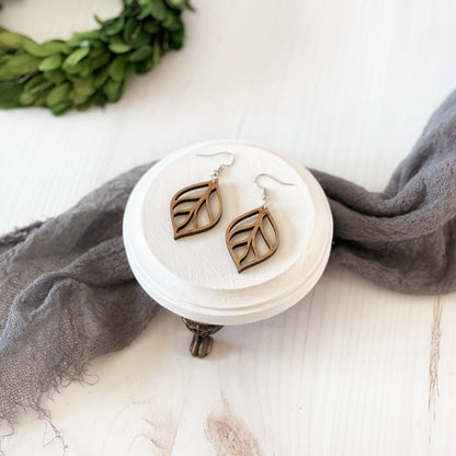 Laser cut wood leaf earrings