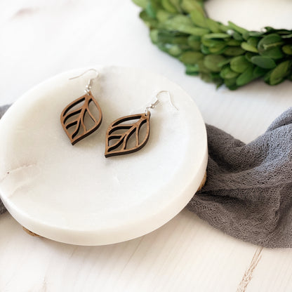 Laser cut wood leaf earrings