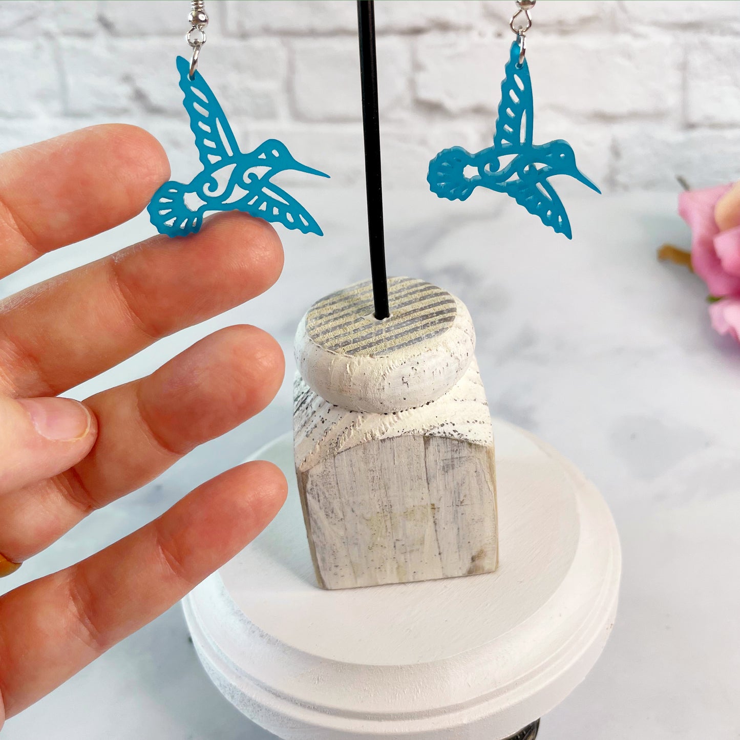 Laser cut frosted teal acrylic Hummingbird earrings