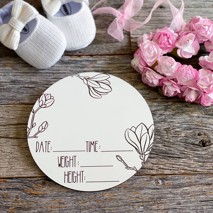 Custom laser engraved Baby Birth Announcement, Magnolia, Floral wood baby photo prop, white